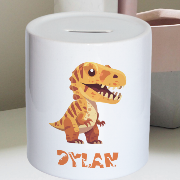 Personalised Watercolour Cute Dinosaur Kids Money Box, Piggy Bank, Savings Jar for Kids Coins. Bank Cash Box. Ceramic. For Boys & Girls - Image 3