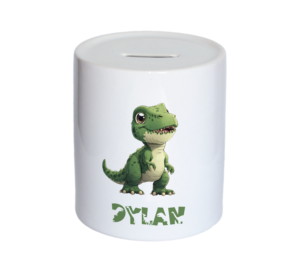 Personalised Watercolour Cute Dinosaur Kids Money Box, Piggy Bank, Savings Jar for Kids Coins. Bank Cash Box. Ceramic. For Boys & Girls