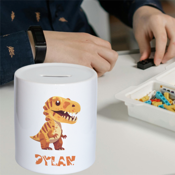 Personalised Watercolour Cute Dinosaur Kids Money Box, Piggy Bank, Savings Jar for Kids Coins. Bank Cash Box. Ceramic. For Boys & Girls - Image 5