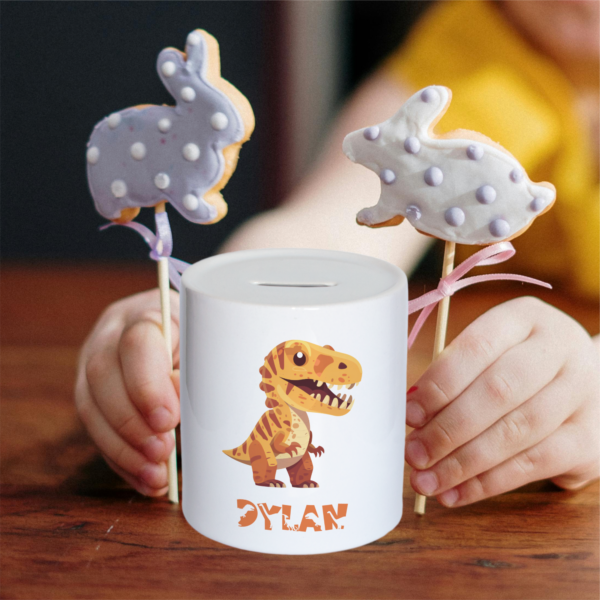 Personalised Watercolour Cute Dinosaur Kids Money Box, Piggy Bank, Savings Jar for Kids Coins. Bank Cash Box. Ceramic. For Boys & Girls - Image 4