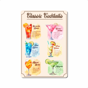 Classic Cocktails Metal Sign – Bar Wall Art for Home, Kitchen, or Pub