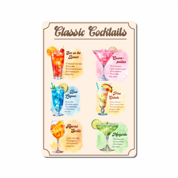 Classic Cocktails Metal Sign – Bar Wall Art for Home, Kitchen, or Pub