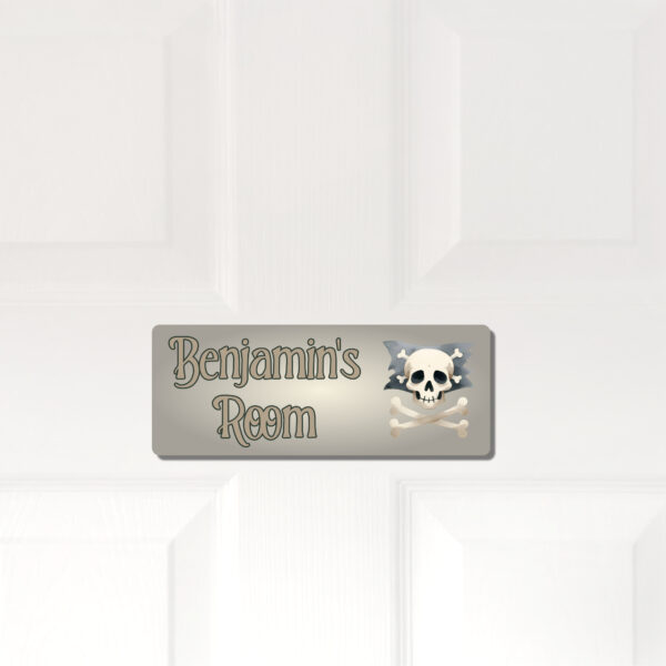 Personalised Kids Room Door Plaque – Cute Pirate Skull and Crossbones - Image 5