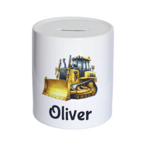 Personalised Bulldozer Money Box – Custom Name Ceramic Coin Bank for Kids, Boys Construction Gift, Digger Piggy Bank, Nursery Keepsake