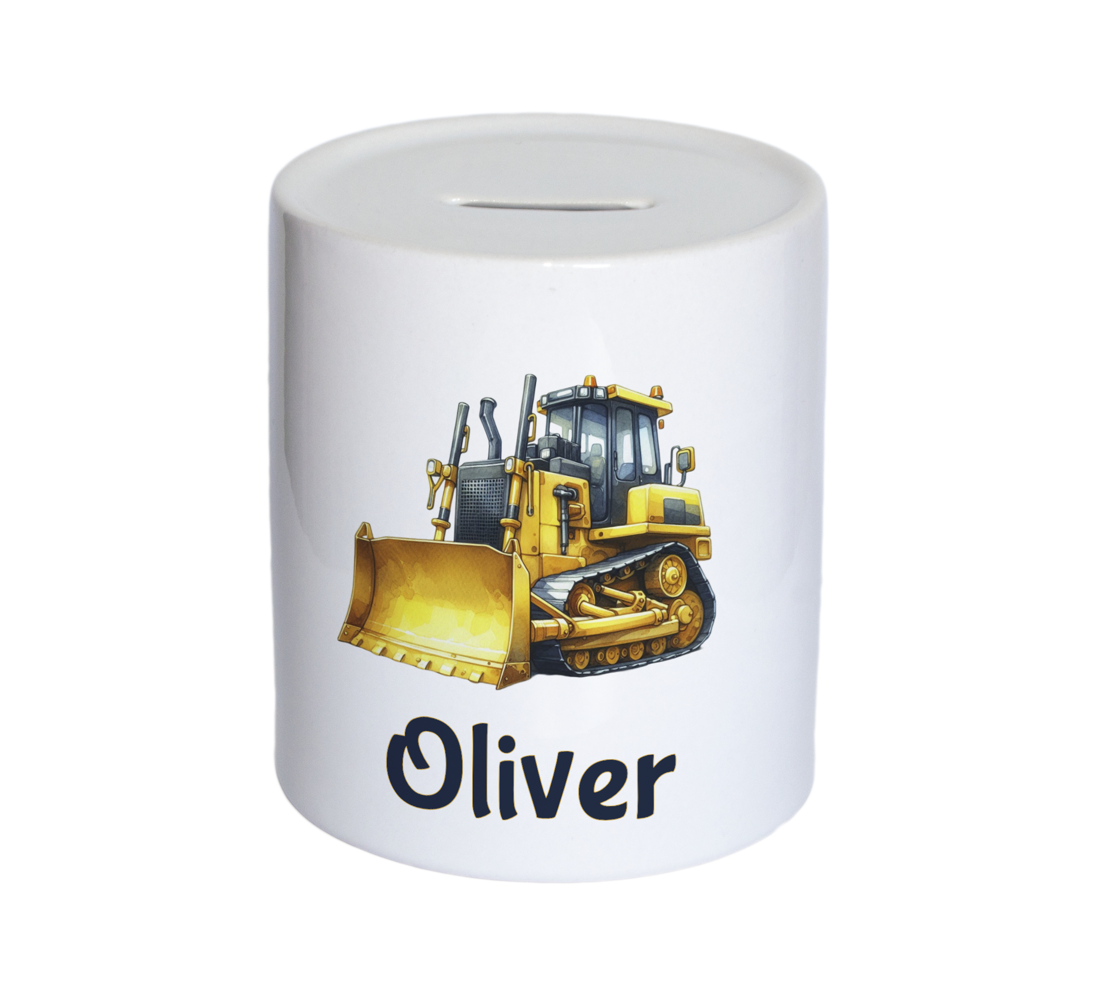 Personalised Bulldozer Money Box – Custom Name Ceramic Coin Bank for Kids, Boys Construction Gift, Digger Piggy Bank, Nursery Keepsake