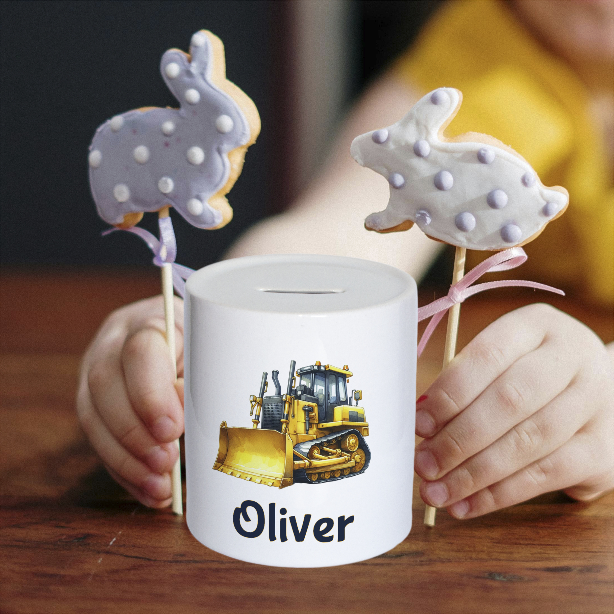 Personalised Bulldozer Money Box – Custom Name Ceramic Coin Bank for Kids, Boys Construction Gift, Digger Piggy Bank, Nursery Keepsake - Image 4